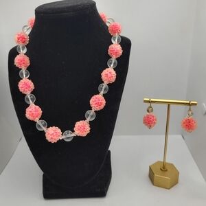 Vintage Pink Bubble Baubles and Clear Round Lucite Beaded Necklace And Earrings